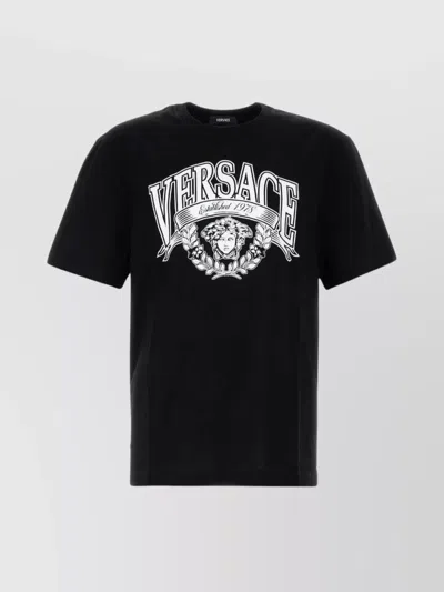 Versace Cotton Crew Neck T-shirt With Graphic Print In Black