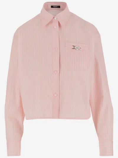 Versace Cotton Crop Shirt With Pinstripe Chain Pattern In 95pastel Pink+milk
