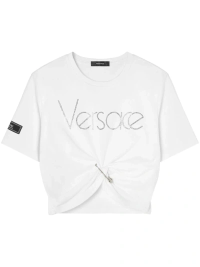 Versace Cotton Crop Top With Logo In White