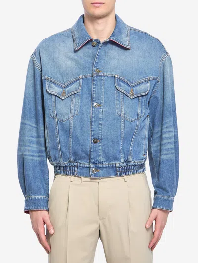 Versace Point Collar Medusa Cotton Denim Jacket In Blue