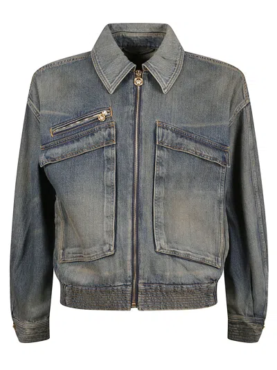 Versace Cotton Denim Bomber Jacket In Animal Print
