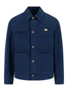 Versace Collared Jacket Front Pockets Gold Tone Hardware In Blue