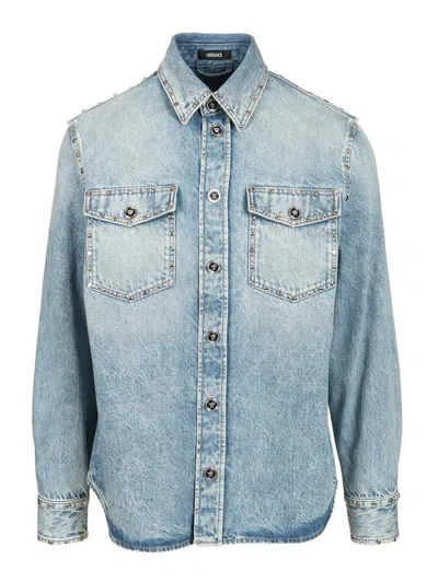 Versace Cotton Denim Shirt In Blue