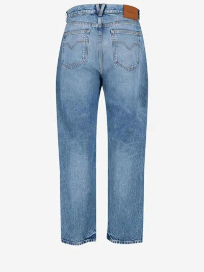 Versace Cotton Denim With Logo Detail Jeans In Blue