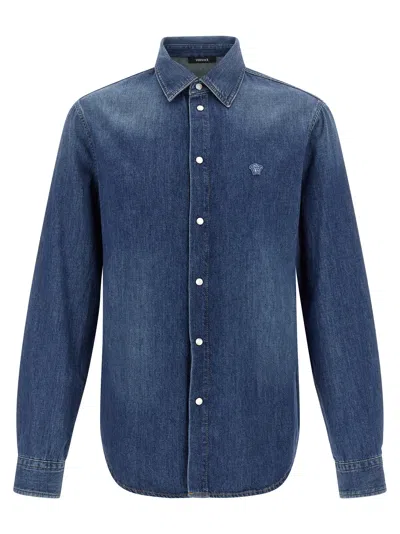 Versace Cotton Denim With Medusa Emblem Shirt In Blue