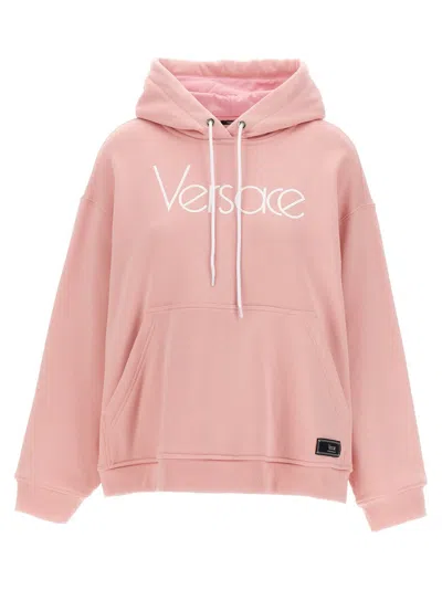 Versace Cotton Hoodie With Embroidered Logo And Kangaroo Pocket In Pink