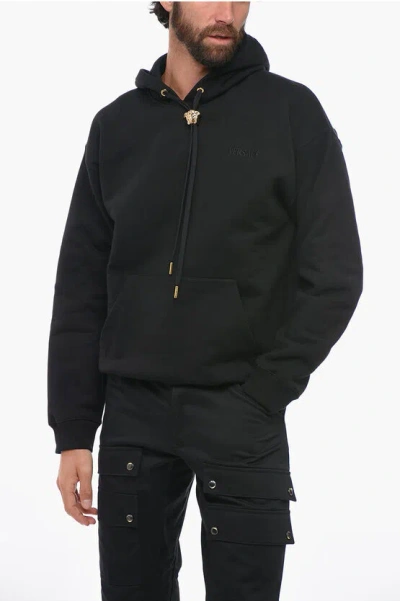 Versace Cotton Hoodie With Jewel Drawstring In Black