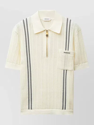 Versace Embroidered-logo Cotton Knit Polo Shirt In Neutral