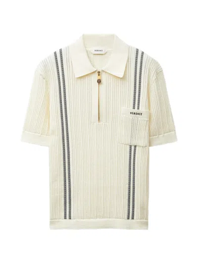 Versace Cotton Jacquard Knit Polo Shirt With Embroidered Logo In White