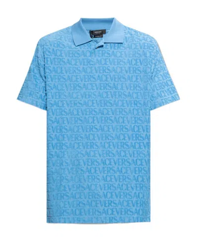 Versace Cotton Jacquard Polo Shirt In Blue