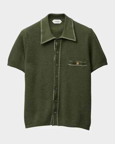 VERSACE COTTON KNIT BUTTON-DOWN SWEATER