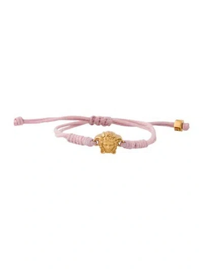 Pre-owned Versace Cotton Medusa Head String Charm Bracelet, 9" In Pink