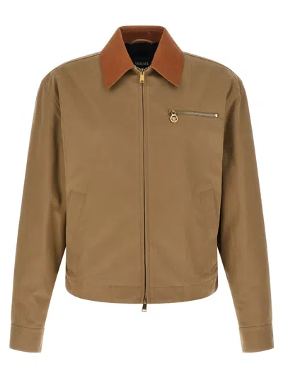 Versace Cotton Canvas With Leather Collar Jacket In Brown