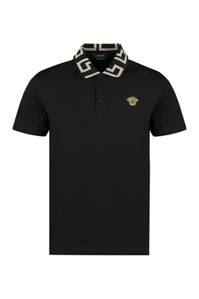 Versace Cotton Piqué Polo Shirt In Black/gold