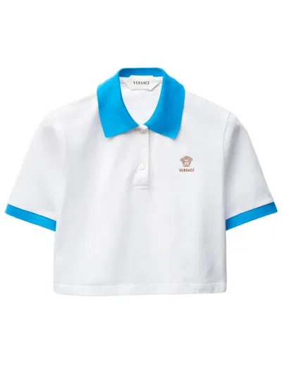 Versace Elegant Pique Polo Shirt With Embroidered Logo For Women In Bianco