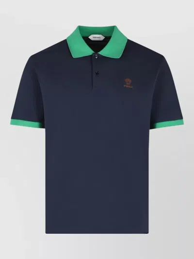 Versace Cotton Polo Shirt Contrasting Collar Short Sleeves In Blue