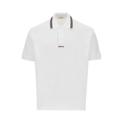 Versace Cotton Polo Shirt With Greca Motif In White