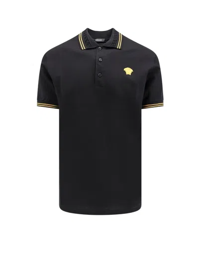 Versace Cotton Polo Shirt With Iconic Medusa In Black