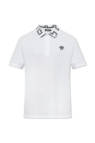 Versace Short-sleeved Polo Shirt With Geometric Collar Detail In White