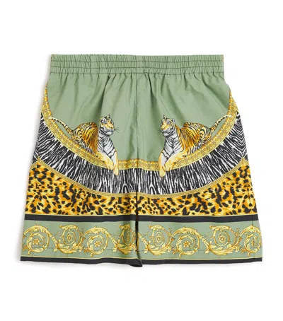 Versace Kids' Cotton Poplin Wild Cats Shorts In Green