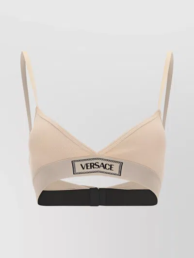 Versace Cotton Ribbed Triangle Top With Branded Band In Neutral