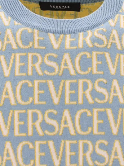 Versace Cotton Jumper With All-over Logo In Blue