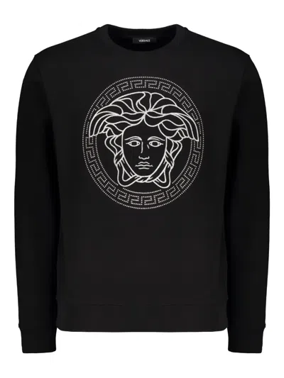 Versace Logo Detail Cotton Sweatshirt In Black