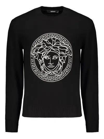 Versace Black Medusa Embroidery Crew Neck Pullover Sweater
