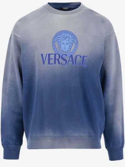 Versace Cotton Sweatshirt With Logo In Blue