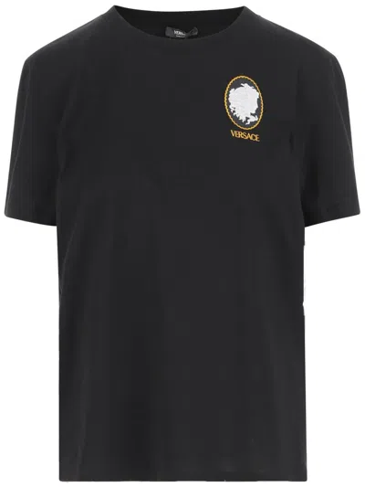 Versace Cotton T-shirt With Medusa Cameo Print And Logo Embroidery In Black