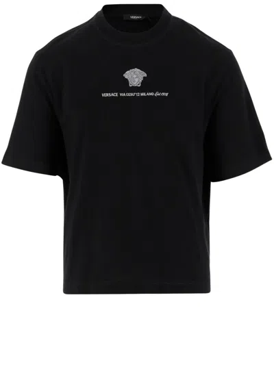 Versace Cotton T-shirt With Medusa Embroidery In Black