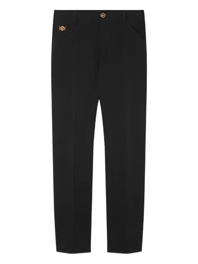 Versace Straight-leg Embellished Cotton-gabardine Trousers In Black