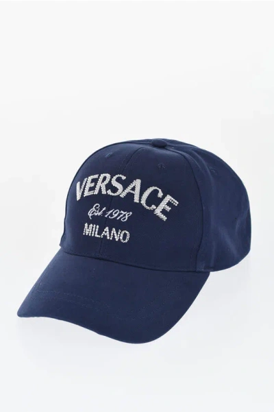 Versace Cotton Twill Cap With Rhinestone Logo In Blue