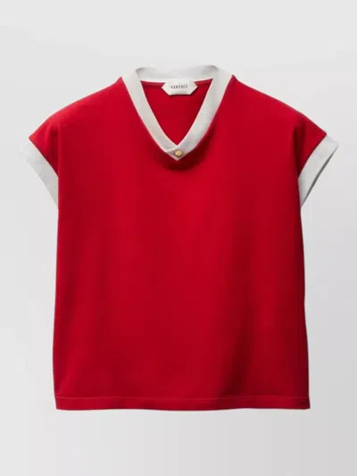 Versace Cotton V Neck Top Short Sleeves Buttons In Multi