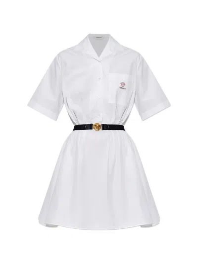 Versace Medusa Head-embroidered Belted Mini Dress In White