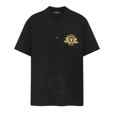 Versace Coupe Blason Embroidered Polo Shirt In Black