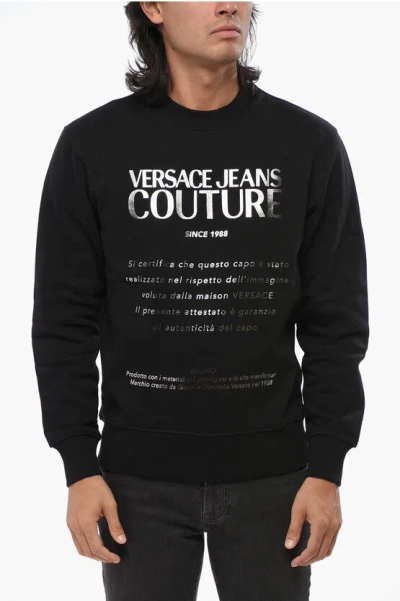 Versace Couture Fleeced Cotton Crew-neck Sweatshirt With Silver-tone In Black
