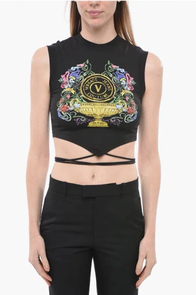 Versace Couture Lace-up Garden Crop Top In Black