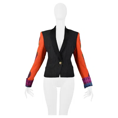 Pre-owned Versace Couture Pinstripe Blazer With Red Printed Sleeves 1990
