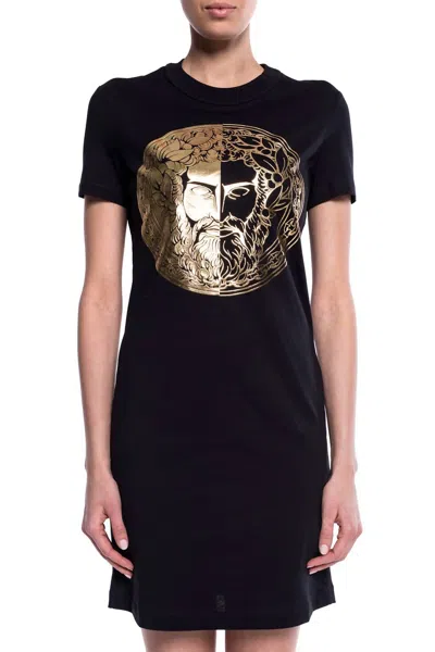 Pre-owned Versace Couture Women Gold Logo T-shirt Dress For Women In Black