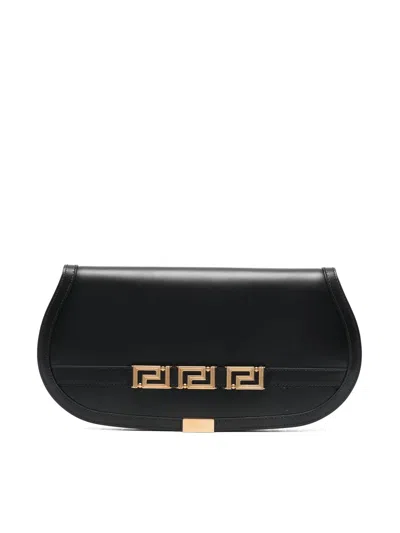 Versace Cow Leather Clutch In V Black Gold
