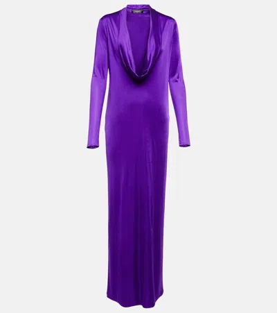 Versace Cowl-neck Draped Satin Gown In Purple