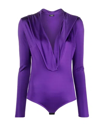 Versace Cowl Neck Long-sleeve Bodysuit In Purple