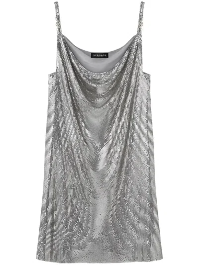 Versace Metallic Short Dress With Draped Neck In Grey