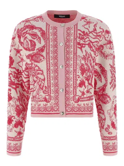 Versace Baroque Subaquatique Patterned Crew Neck Cardigan In Pink