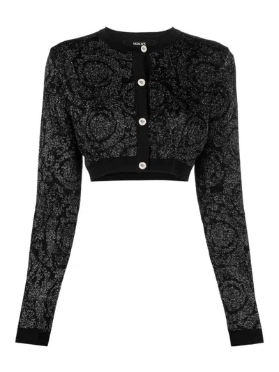 Versace Barocco Texture Knit Cropped Cardigan In Black