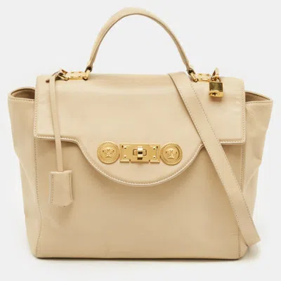 Pre-owned Versace Cream Leather Medusa Top Handle Bag In White
