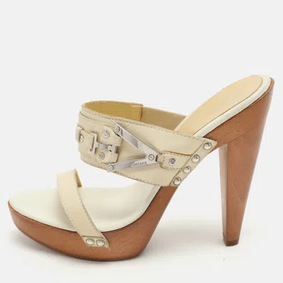 Versace Cream Leather Wooden Platform Slide Sandals In Nude