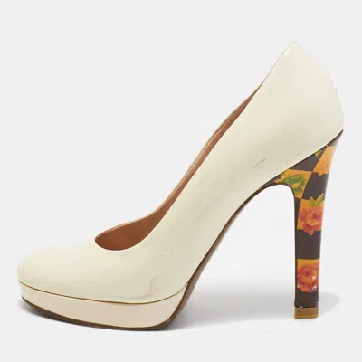 Versace Cream Patent Leather Floral Heel Platform Pumps In Multi