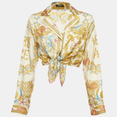 Pre-owned Versace Cream Underwater Barocco Print Sateen Knotted Crop Shirt S In White